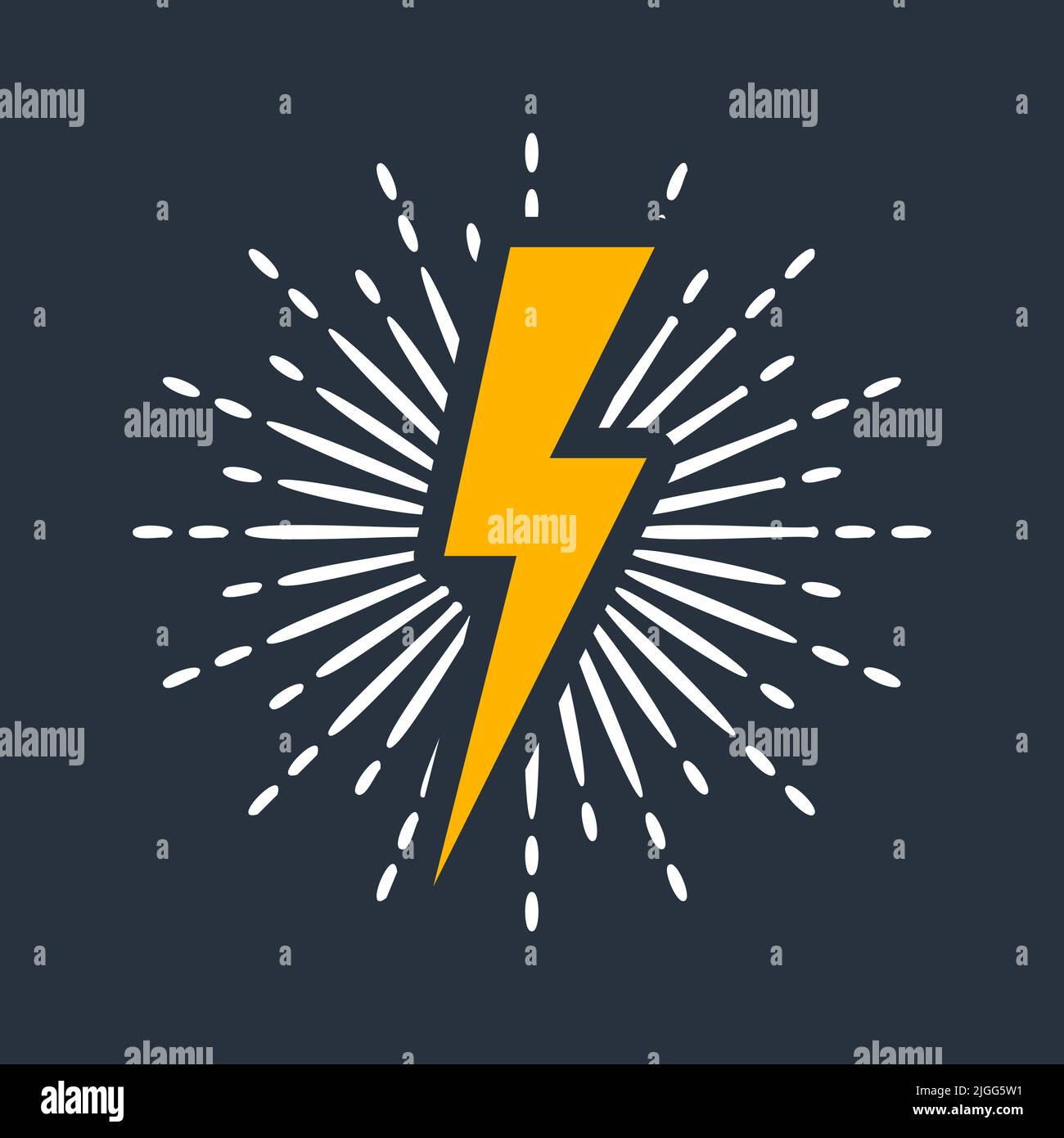 Yellow vintage lightning bolt and sun rays. Lightnings with sunburst