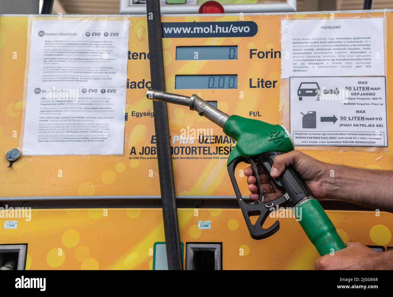Budapest, Hungary – July 10, 2022. Gasoline pump of MOL gas station in Budapest, Hungary, with notifications telling that gas at official price of 480 Stock Photo