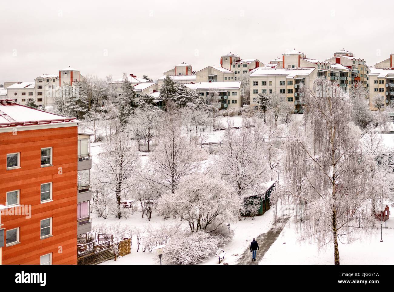 Winter landscape with buildings and trees, Nacka, Stockholm, Sweden ...