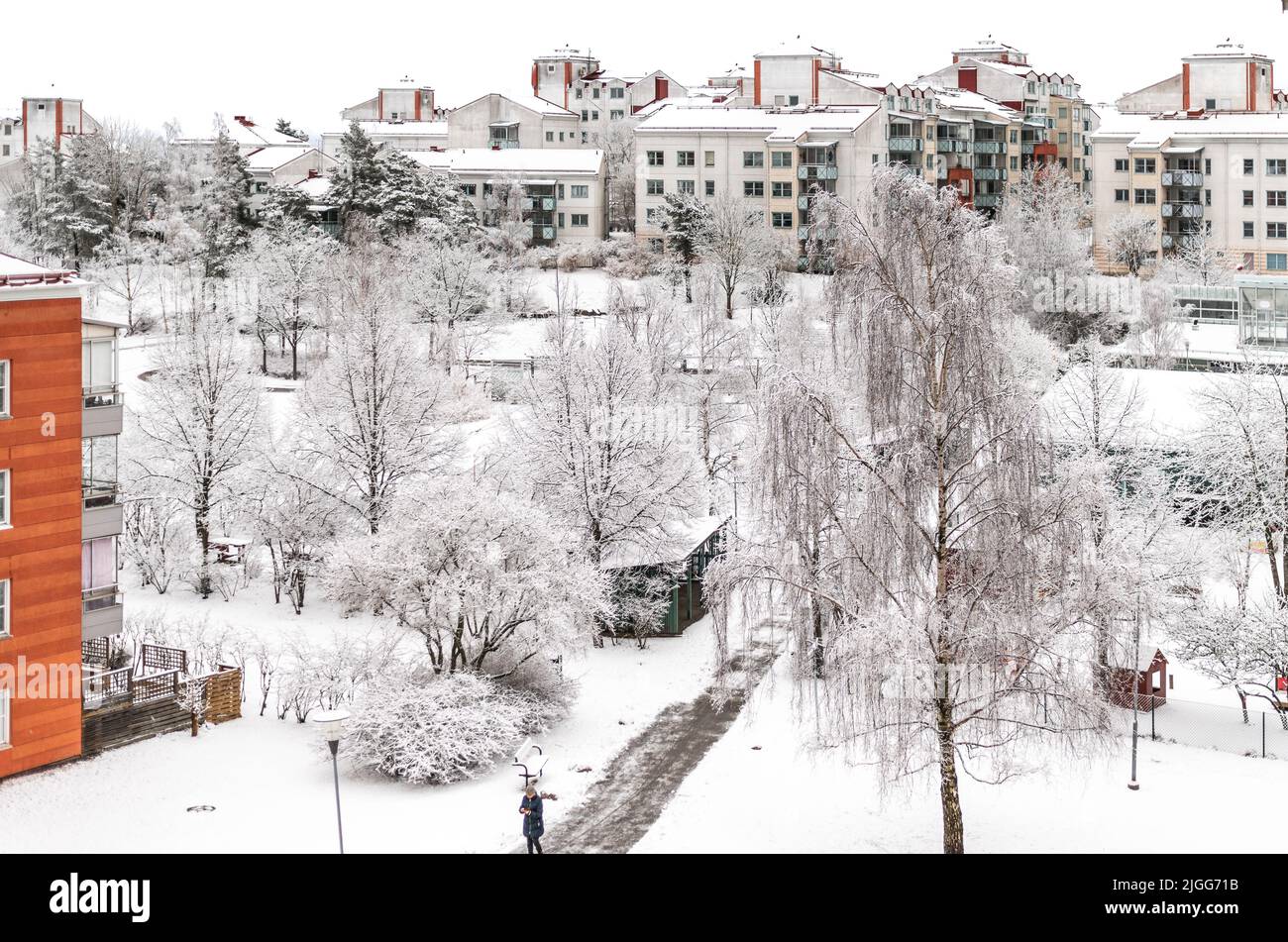 Winter landscape with buildings and trees, Nacka, Stockholm, Sweden ...