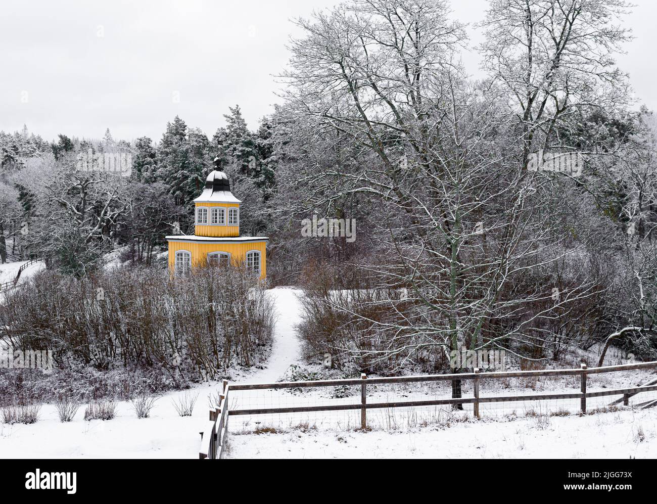 Winter landscape with buildings and trees, Nacka, Stockholm, Sweden ...