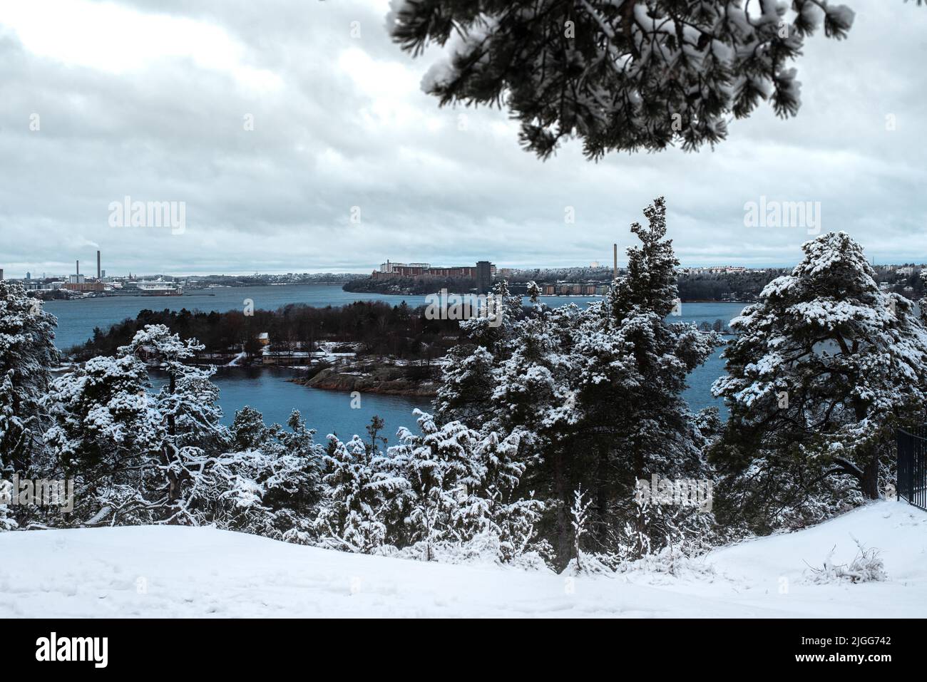 Winter landscape with buildings and trees, Nacka, Stockholm, Sweden ...