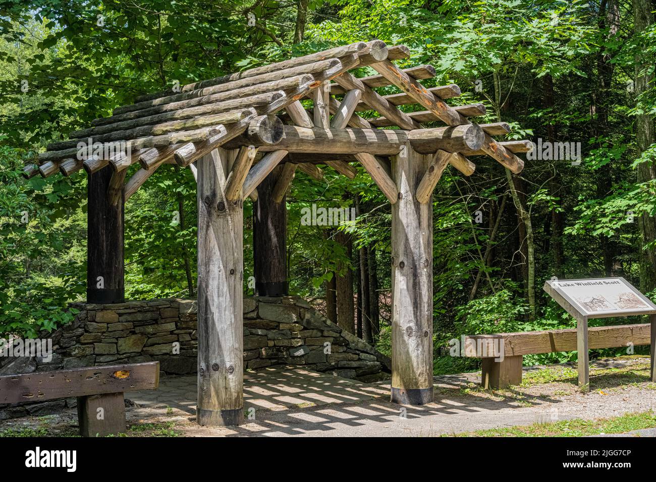 Log structure at the entrance to the campground beach at Lake Winfield Scott Recreation Area in Northeast Georgia's Blue Ridge Mountains. (USA) Stock Photo