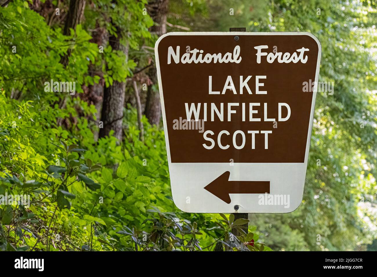 National Forest directional signage for Lake Winfield Scott Recreation Area, originally a project of the Civilian Conservation Corps in 1933. (USA) Stock Photo