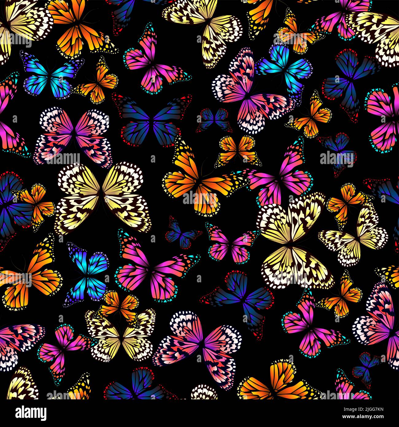 Colorful butterflies seamless pattern with black background. Hand-drawn ...