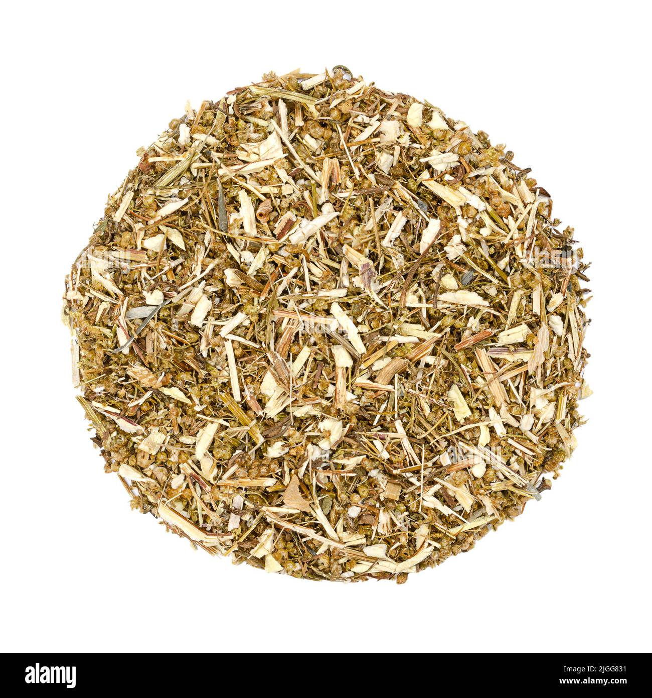 Dried sweet wormwood, Artemisia annua, herb circle from above. The discovery of plant extract artemisinin is a Nobel prize awarded medication. Stock Photo