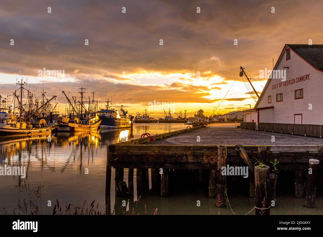 Steveston Fisherman's Wharf in Richmond, (BC, Canada) at sunset Stock Photo