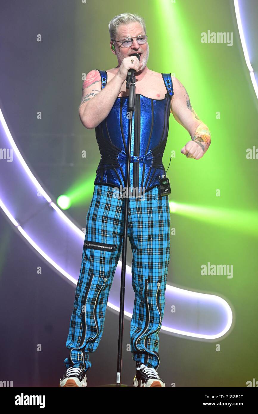 Andy Bell and Vince Clarke of electropop band Erasure performing on