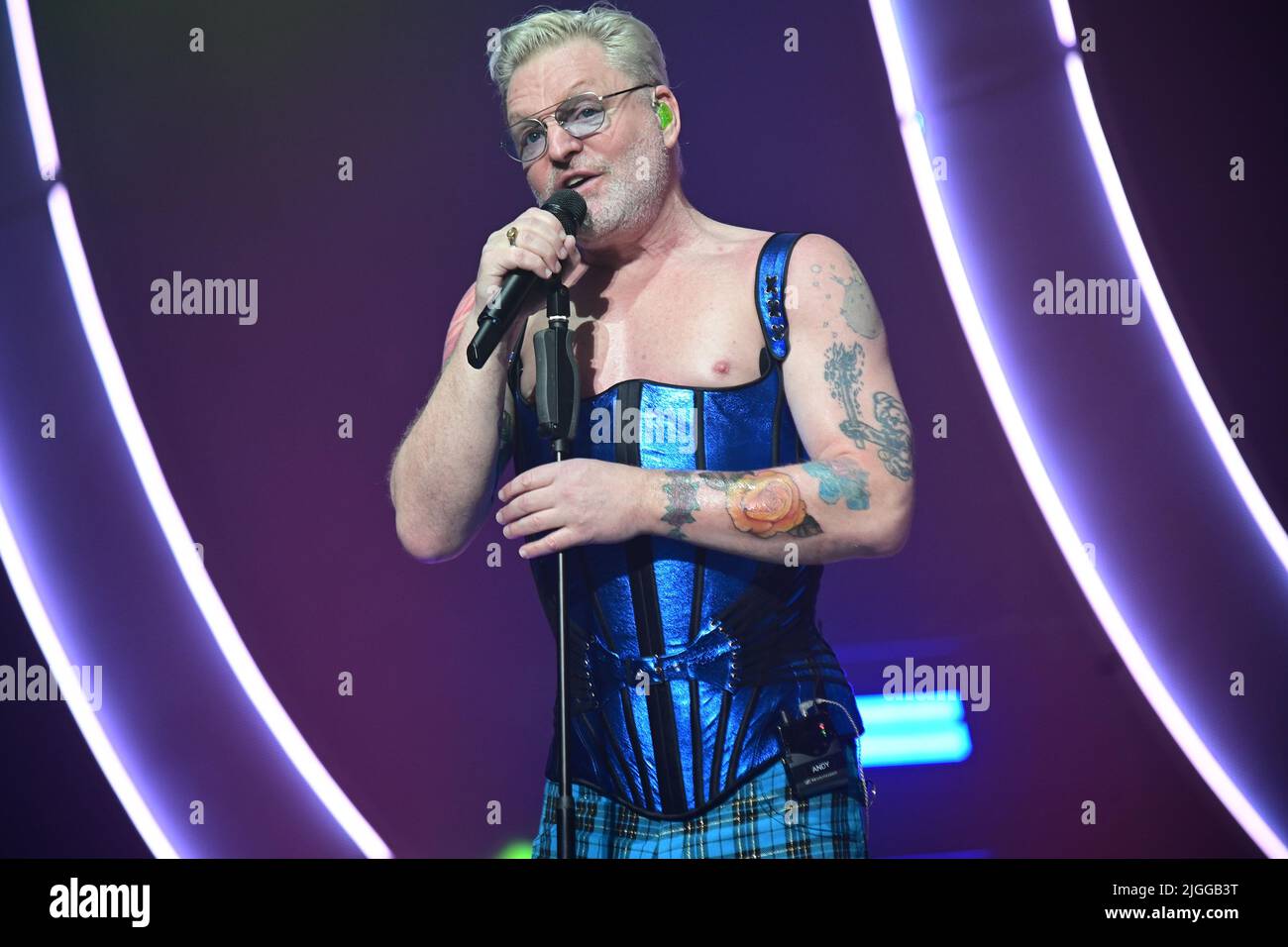 Andy Bell and Vince Clarke of electropop band Erasure performing on