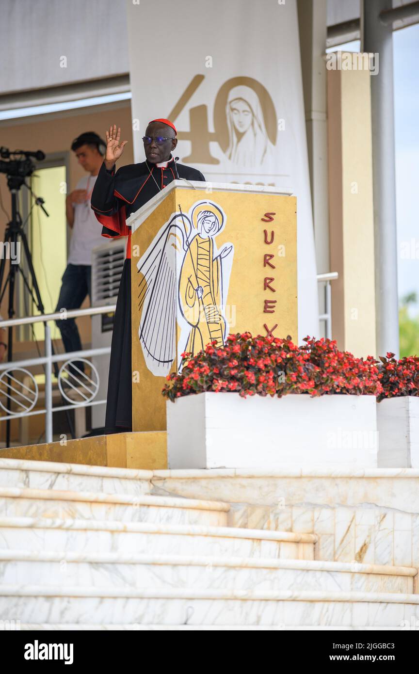 Cardinal Robert Sarah blessing the faithful in conclusion of his catechesis during Mladifest 2021 – the youth festival –  in Medjugorje. Stock Photo