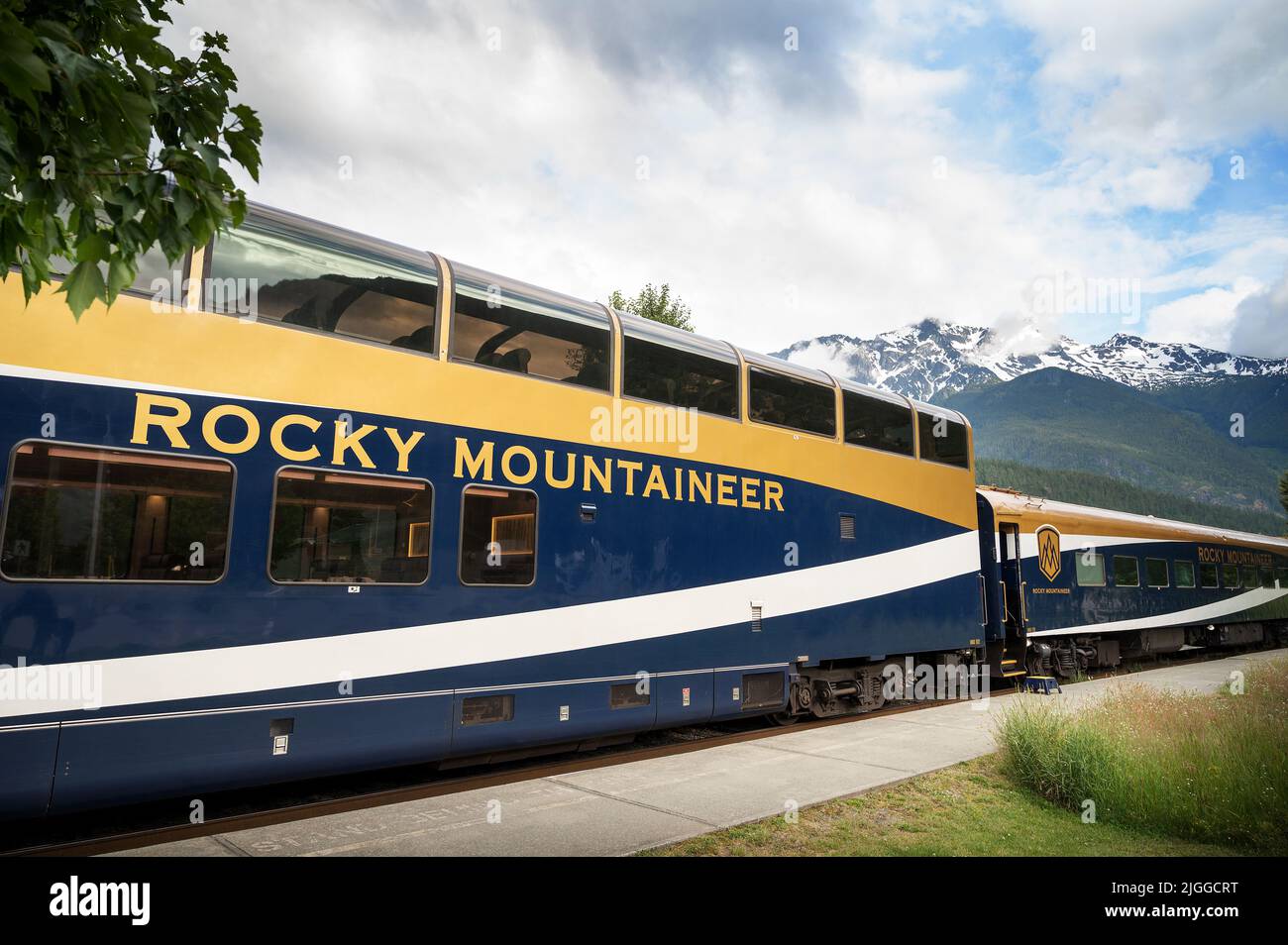The Rocky Mountaineer parked at the Pemberton BC train station under Mt.Currie. Stock Photo