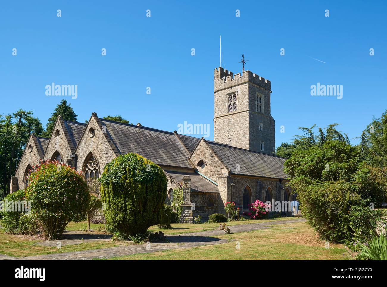 The historic St Leonards church, Heston, in the London Borough of Hounslow, with tower dating from the 14th century Stock Photo