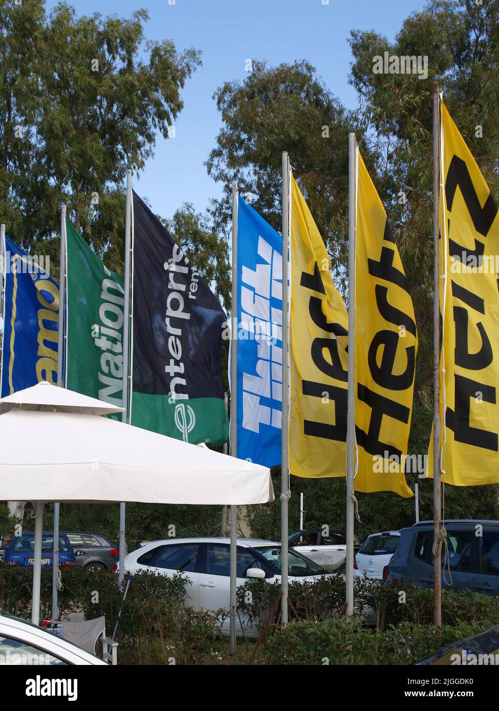 Car hire flags at Ioannis Kapodistris Airport, Corfu, Greece Stock Photo