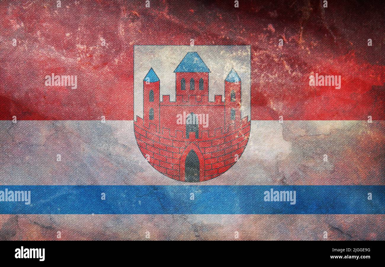 Top view of retro flag Nowe, Poland with grunge texture. Polish travel and patriot concept. no flagpole. Plane layout, design. Flag background Stock Photo