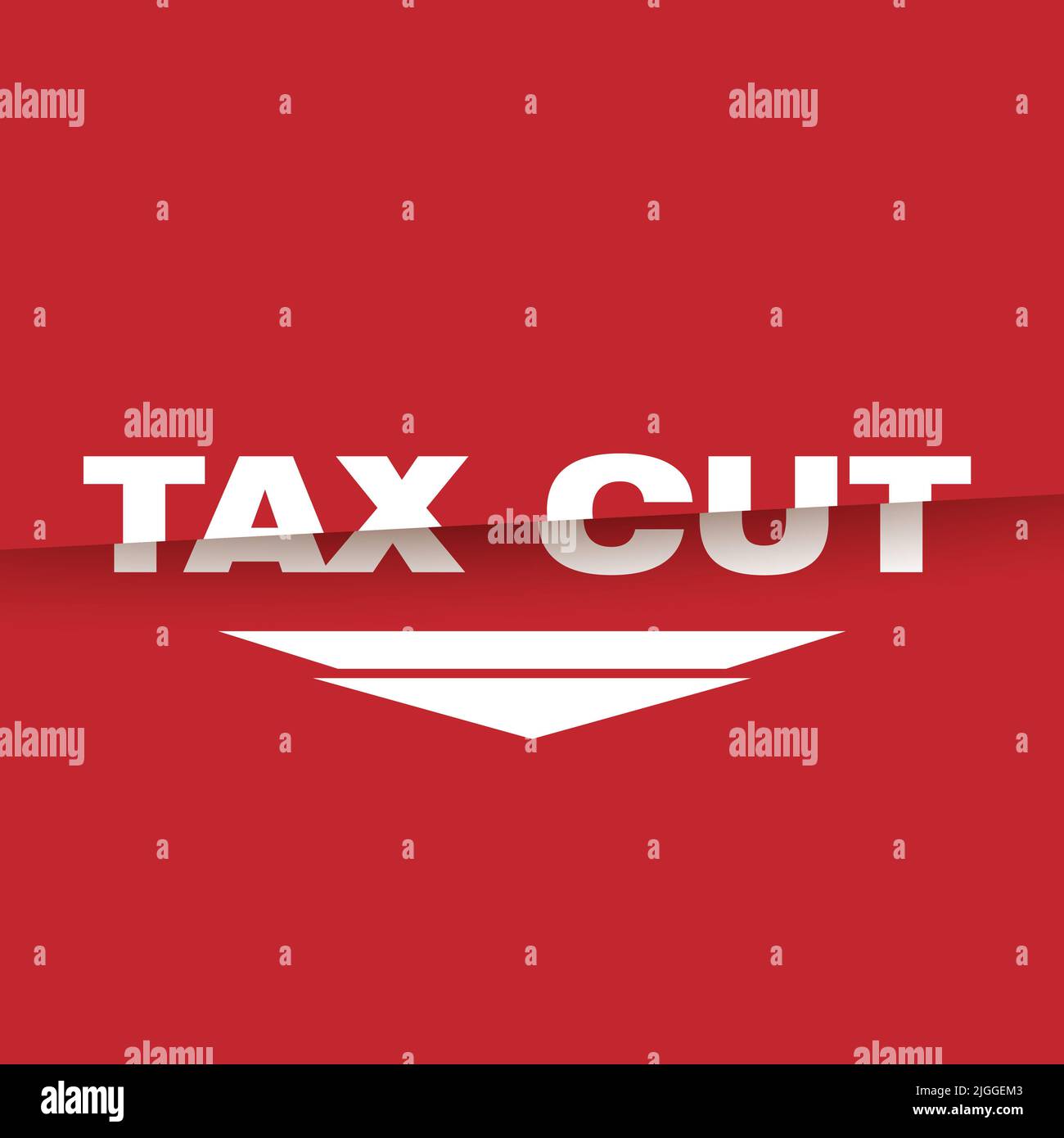 Tax cut text conceptual red and white poster. Cut words and arrow shows