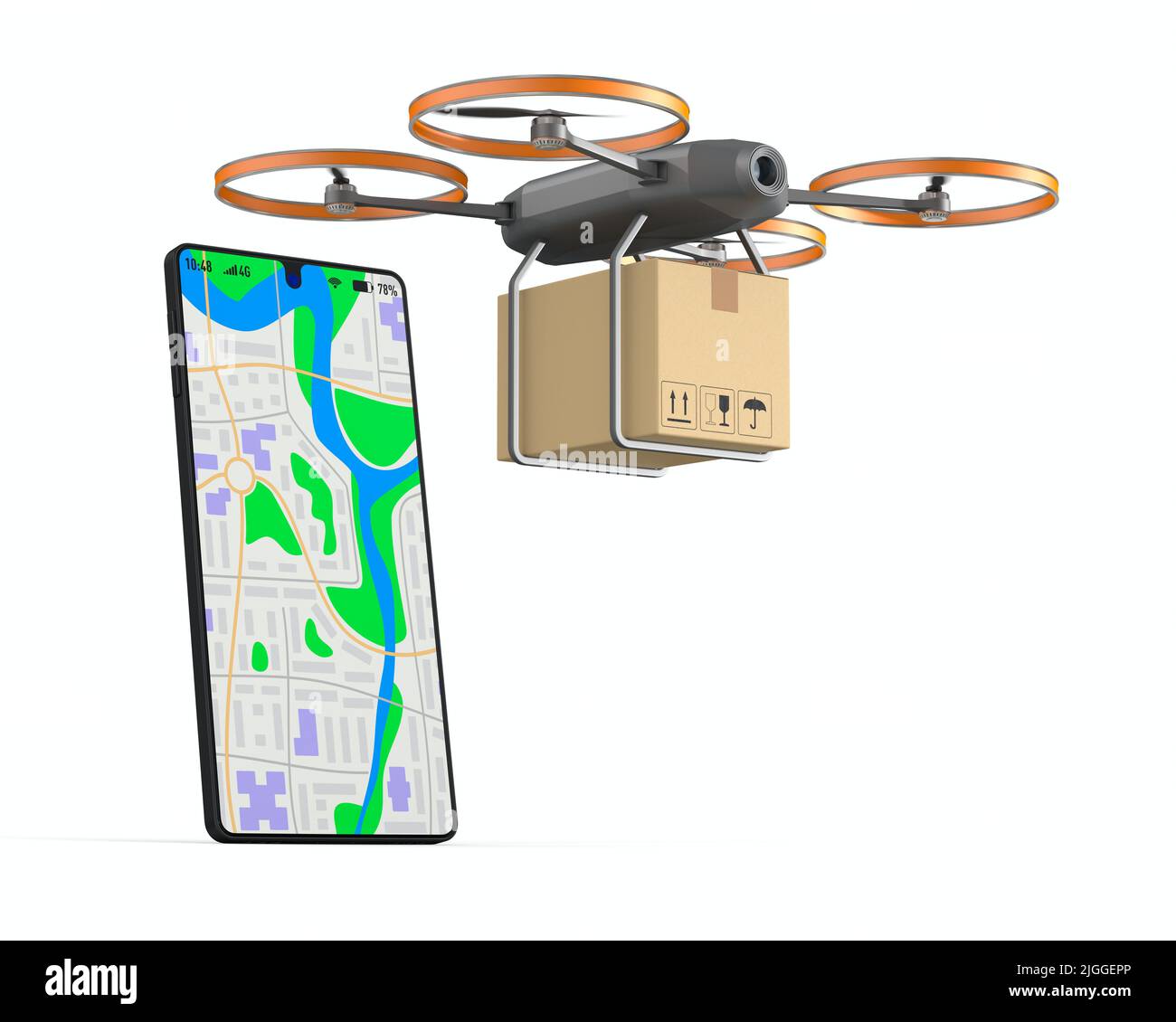 Drone with cargo box and navigation into phone on white background. Isolated 3d illustration Stock Photo