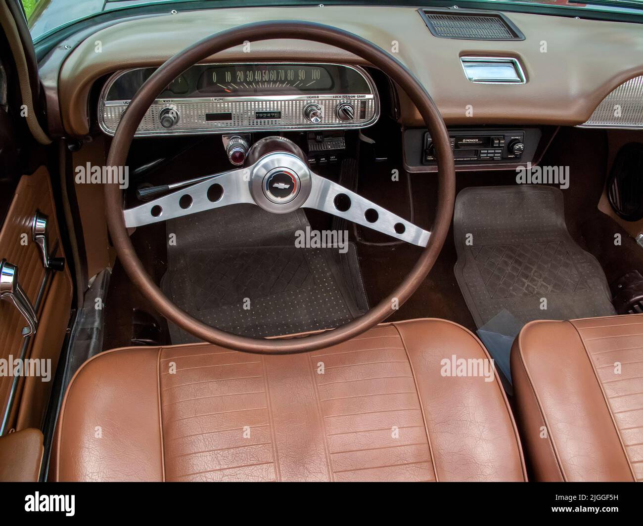 Vintage car steering wheel and dashboad Stock Photo