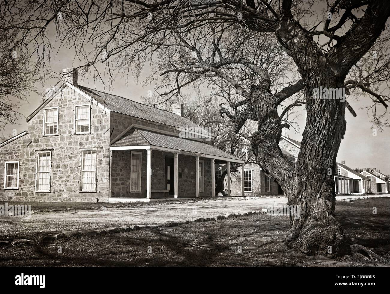 Officer's Quarters at Fort Concho, Texas, USA: Black and white image with prominent tree in foreground and stone building  in the background. Stock Photo