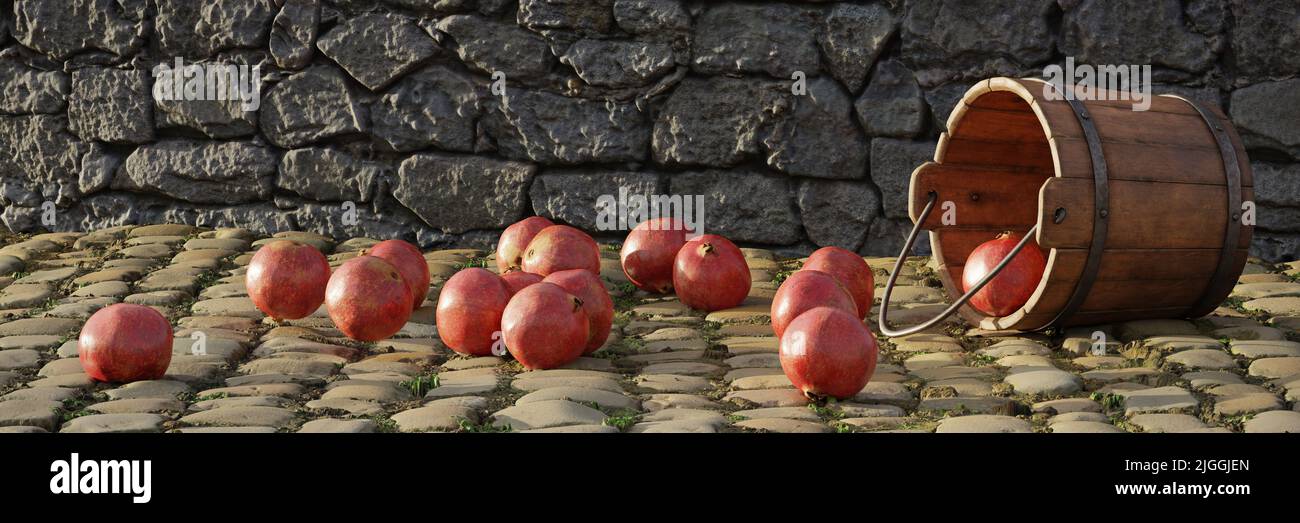 pomegranates, juicy citrus fruits  rolling out of a wooden bucket, background banner, 3d rendering Stock Photo