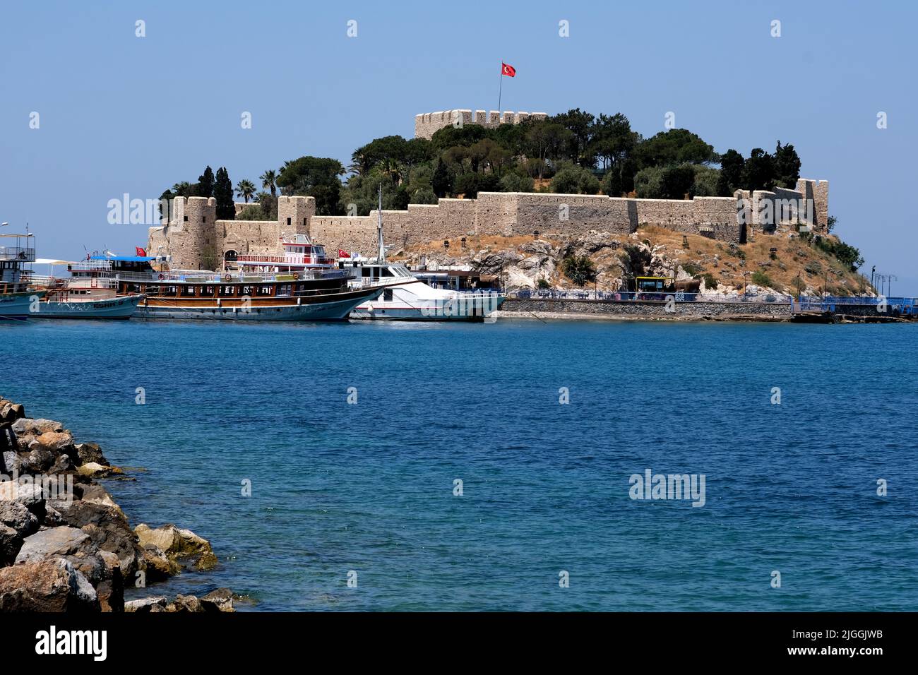 Small island fort off the coast of Kusadasi in Turkey Stock Photo
