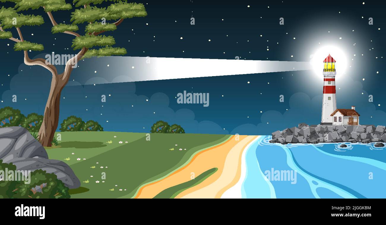 Lighthouse sea coast at night background illustration Stock Vector ...