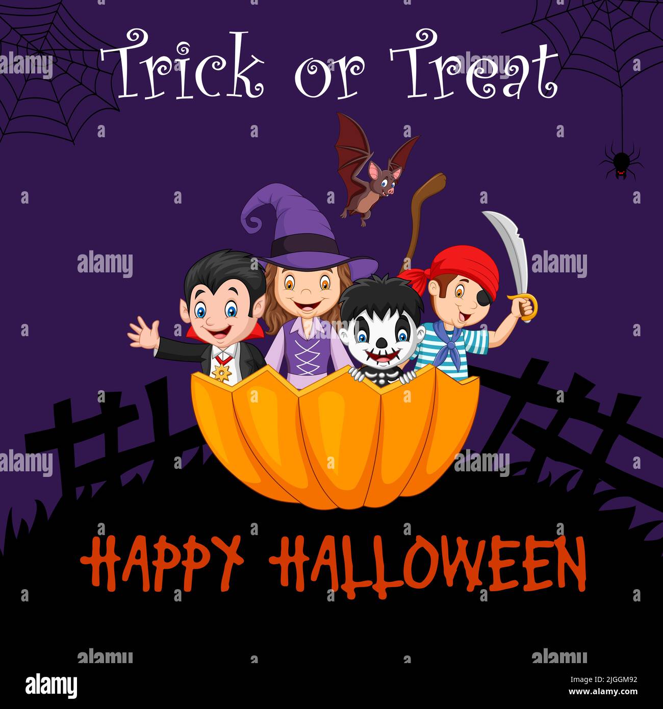 Group of children with Halloween costume sitting in a pumpkin Stock Vector