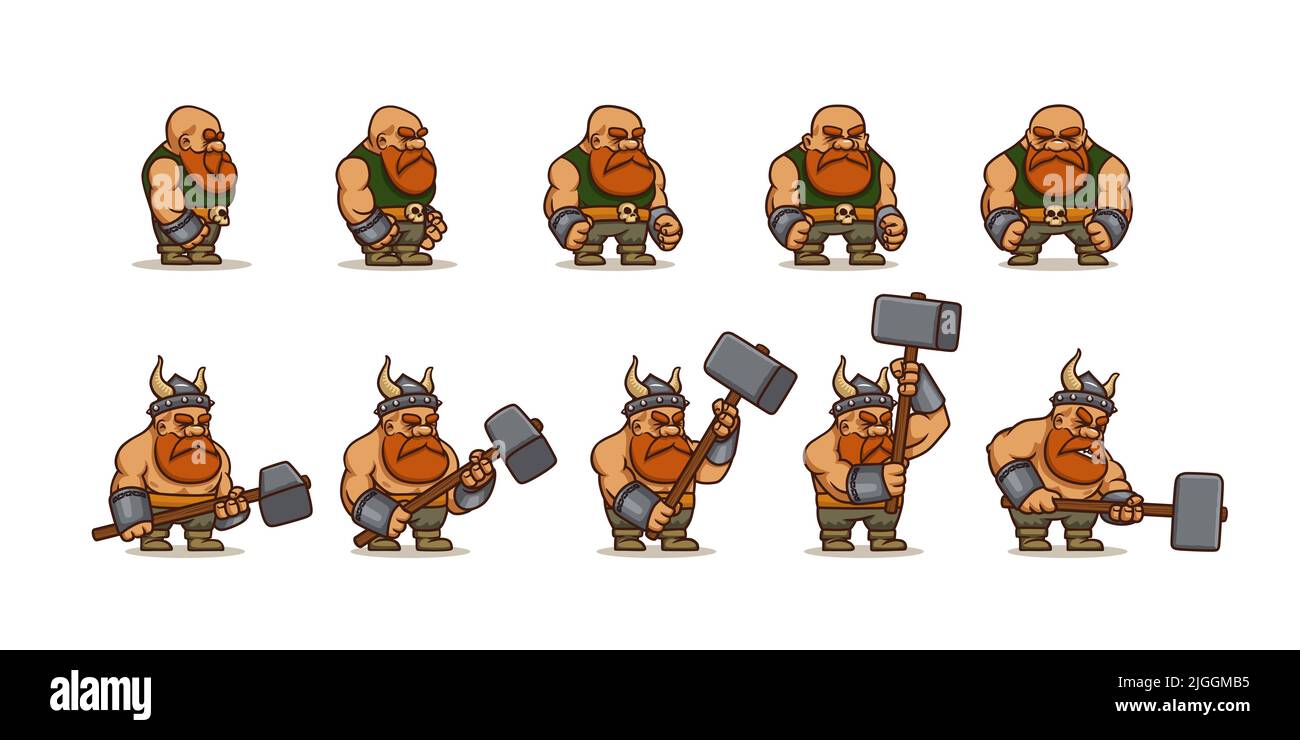 Viking cartoon character sprite sheet animation for 2d rpg game. Scandinavian warrior personage fight with hammer animated effect, barbarian with ginger beard different poses, Vector illustration Stock Vector