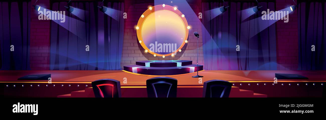 Stage for talent show with round podium, spotlights, mic and jury chairs. Vector cartoon illustration of empty scene in television studio for events, concerts, music or comedy contest Stock Vector