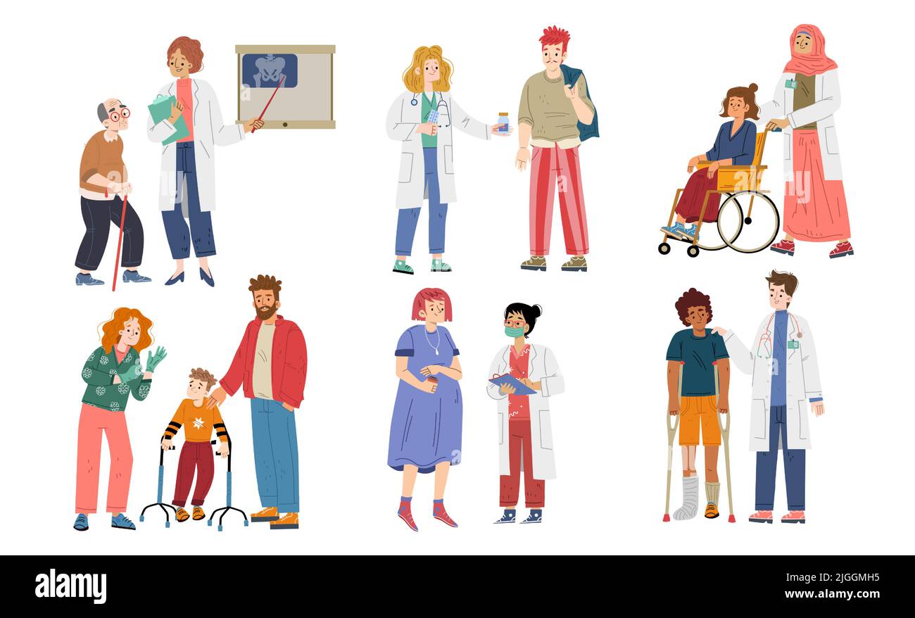 Patients at doctor appointment, pediatrics, traumatology or gynecology medics communicate with injured people. Child on crutches, old man hip joint sickness, pregnant woman, Line art flat vector set Stock Vector