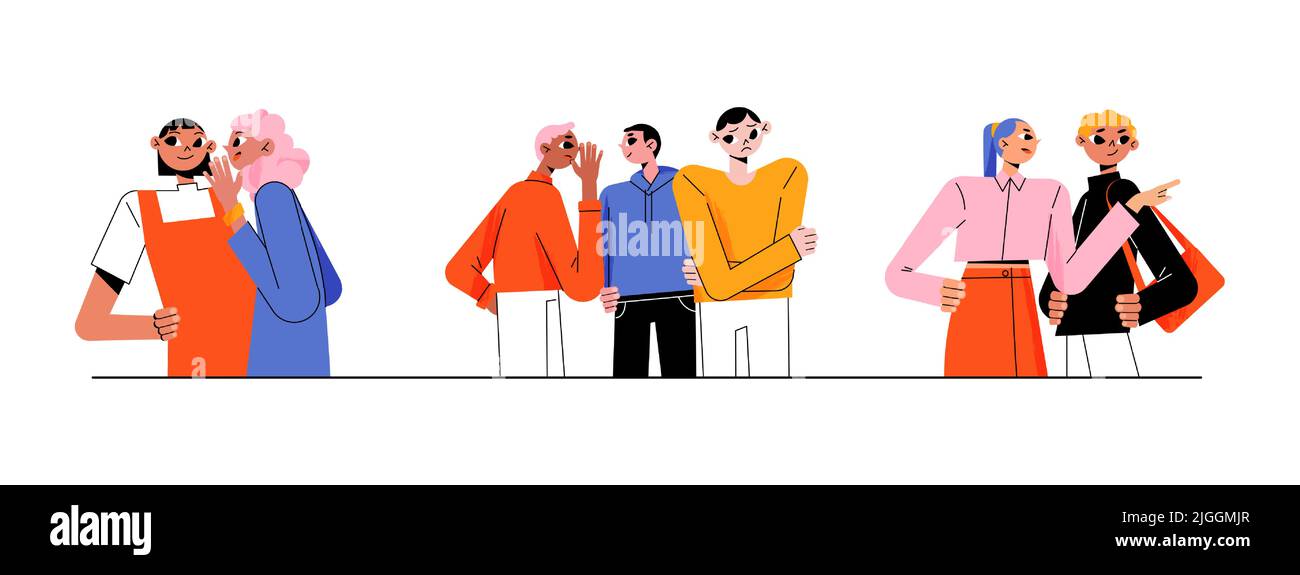 Characters gossips, whisper, happy and unhappy people gossiping, whispering in ear, slandering, spreading secrets, rumors, confidential information and news to friend Line art flat vector illustration Stock Vector