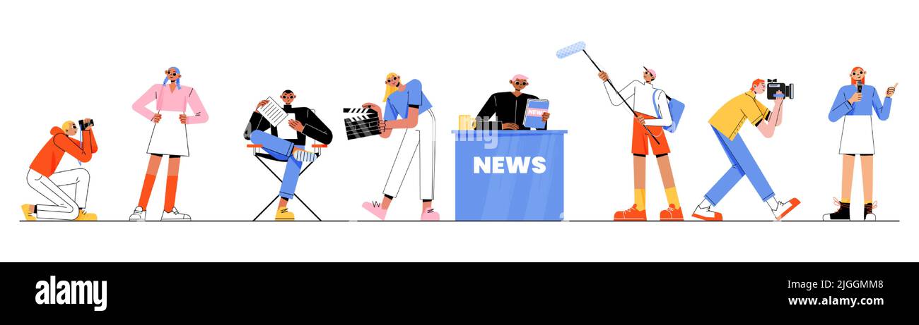 Set tv employees, professional mass media workers cameraman, videographer and journalist characters record video on camera. Presenter broadcast news, television job, Linear flat vector illustration Stock Vector
