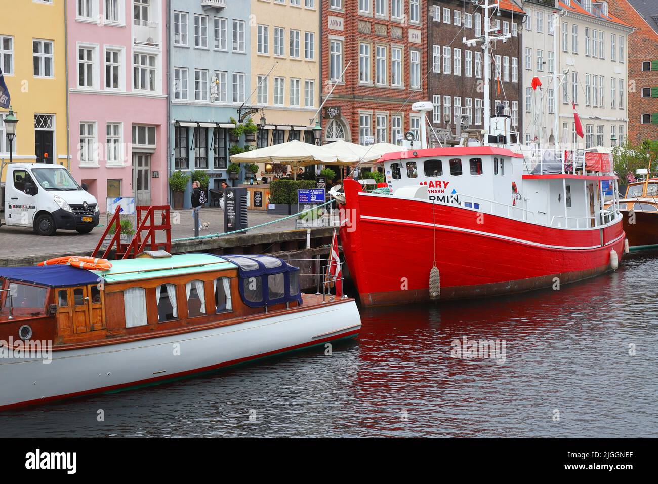 Copenhagen, Denmark -June 14, 2014: Moored boats at the Nyhavn harbor. Stock Photo