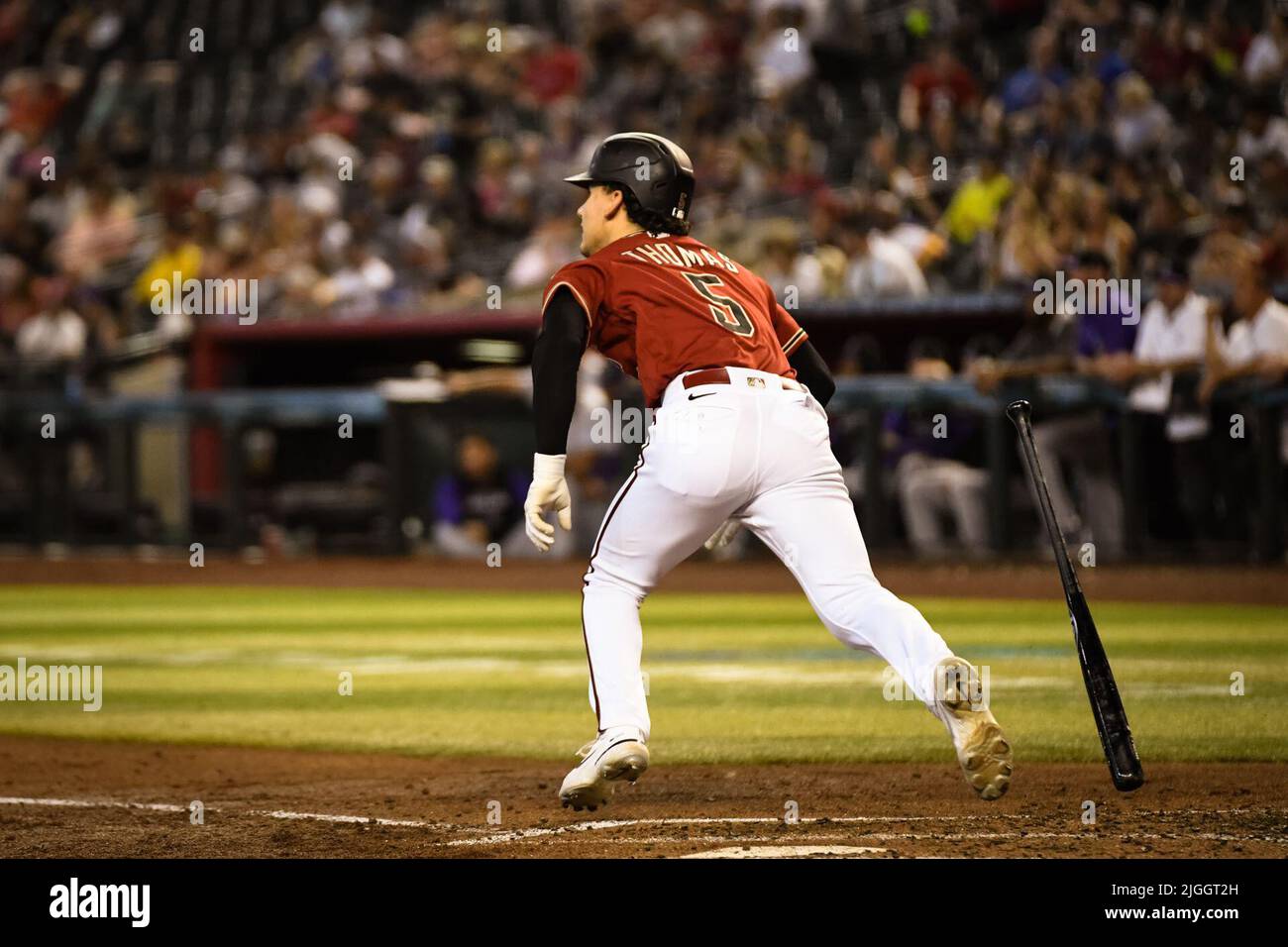 Arizona Diamondbacks' Alek Thomas hits a broken bat single during the  fourth inning of a baseball game against the Milwaukee Brewers Monday, June  19, 2023, in Milwaukee. (AP Photo/Morry Gash Stock Photo 