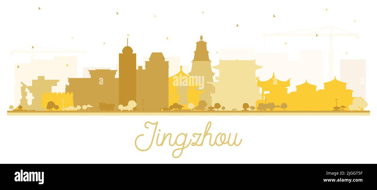 Jingzhou China City Skyline Silhouette with Golden Buildings Isolated on White. Vector Illustration. Stock Vector