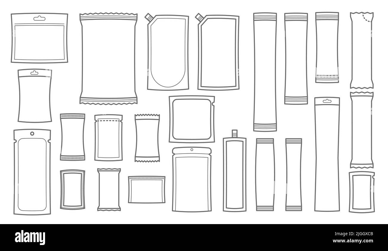 Set of sachet icons. Stick packaging template for sugar, pepper, souse