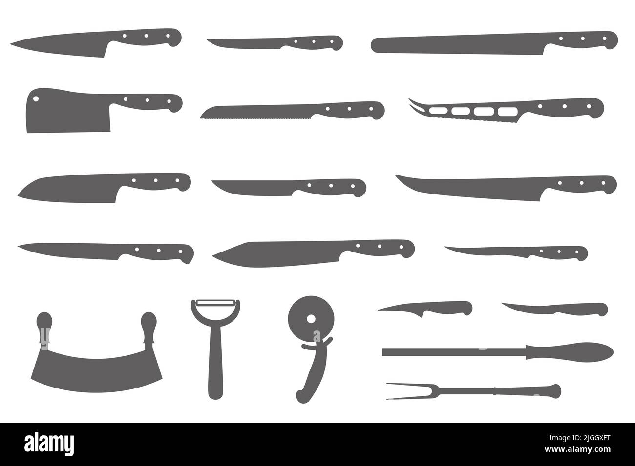 Chef knives set. Butcher meat cutting design elements. Silhouettes of