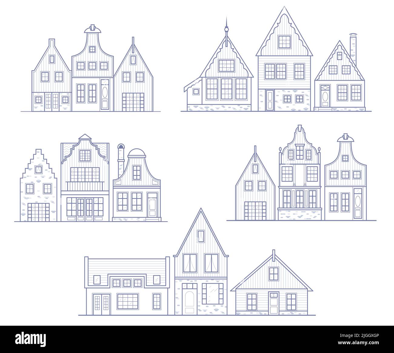 Groups of Amsterdam houses. Facades of European old buildings. Holland homes. Vector set outline illustration Stock Vector
