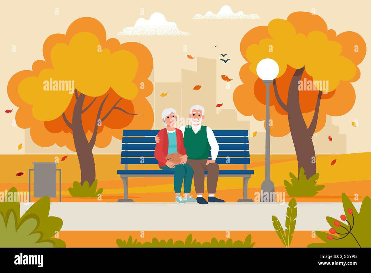Cute elderly couple sitting on the bench in park in fall. Vector ...