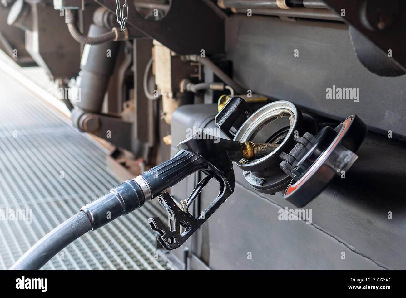 A railroad auxiliary vehicle is refueled Stock Photo