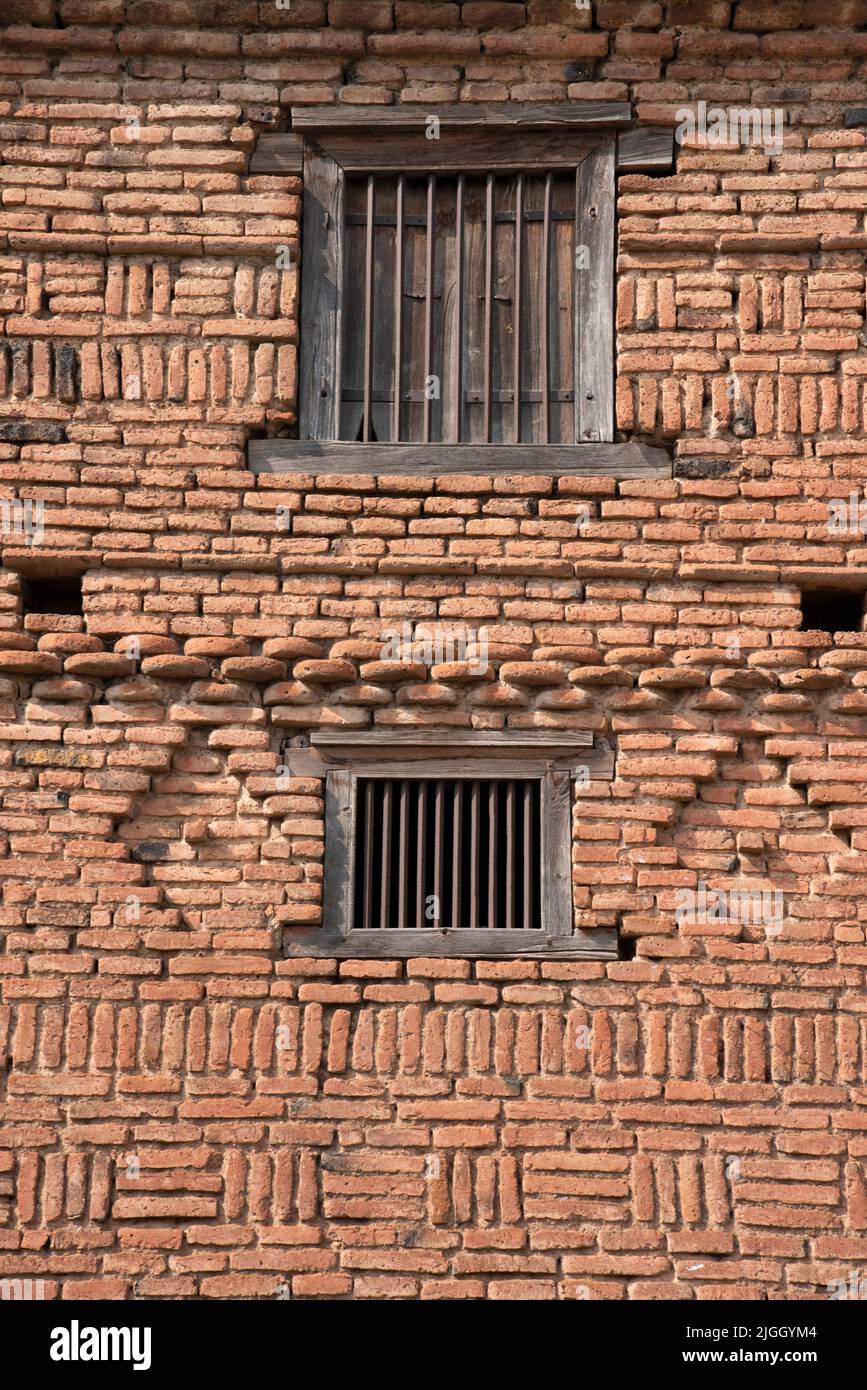 Old brickwork construction, Brick Pattern, Wooden Windows, Wafgaon, Taluka Khed, Dist Pune Stock Photo