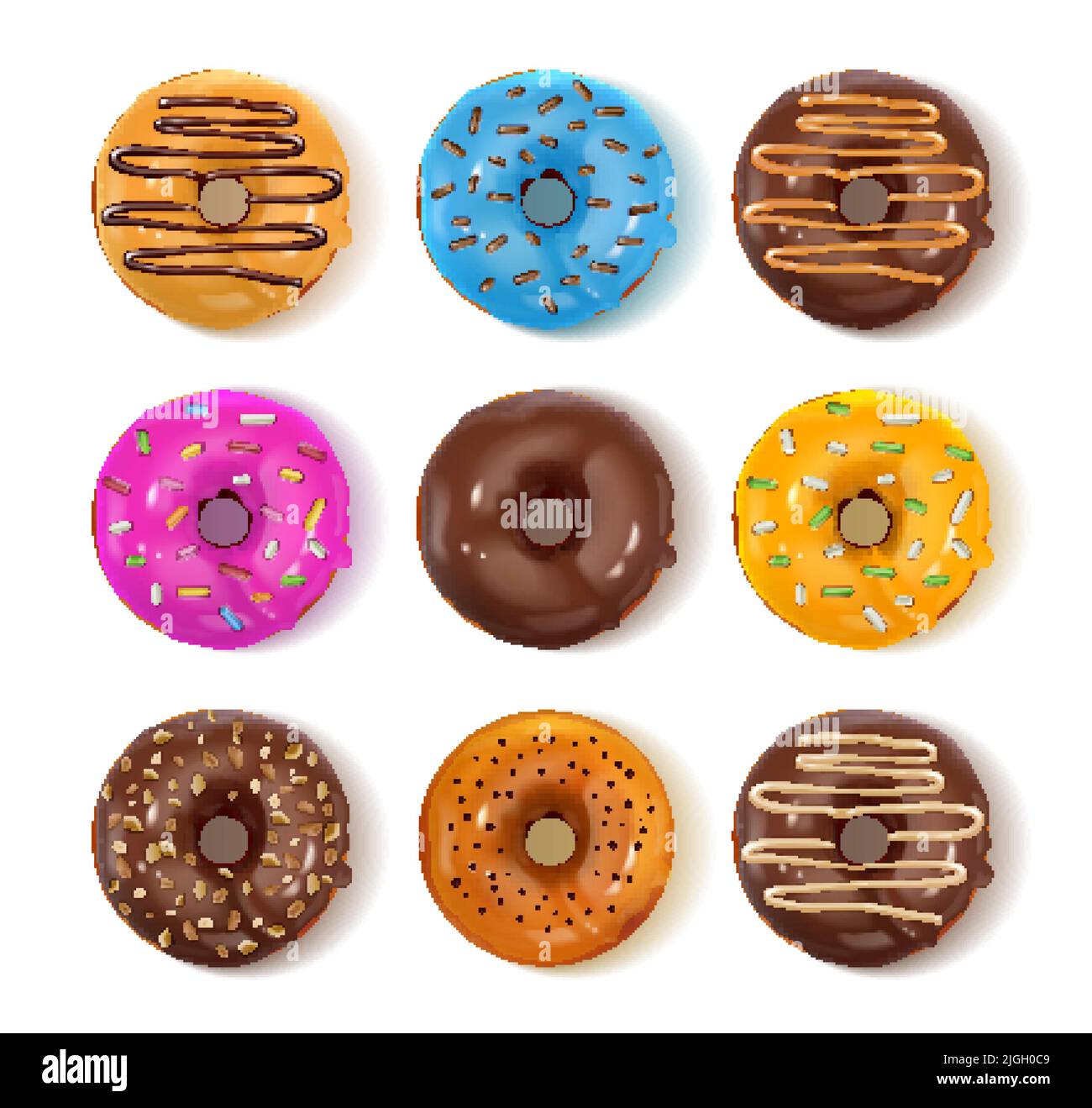 Top view of different donuts with chocolate and colorful glaze realistic set isolated vector illustration Stock Vector