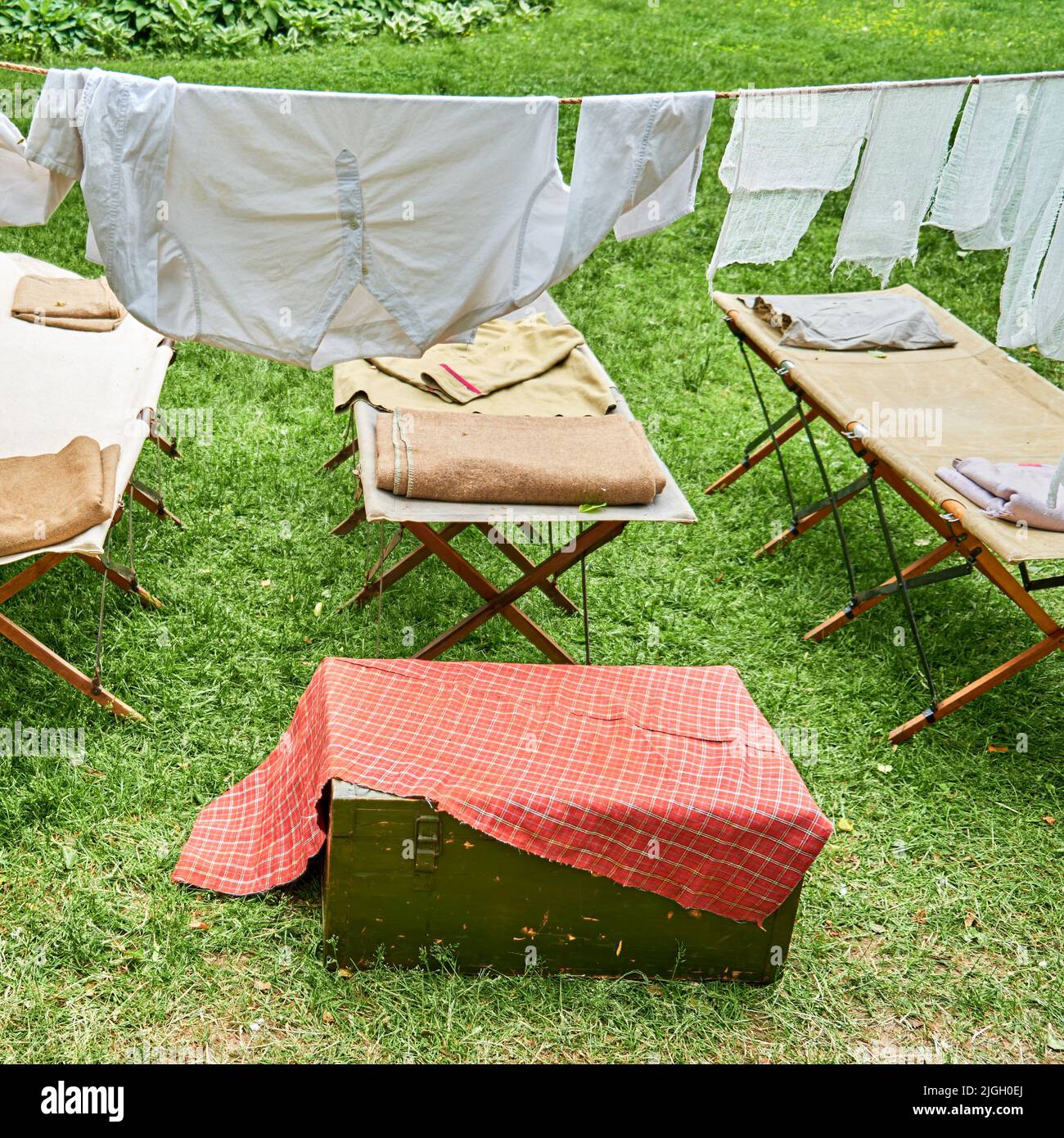 An old military field hospital with retro tents and vintage medical