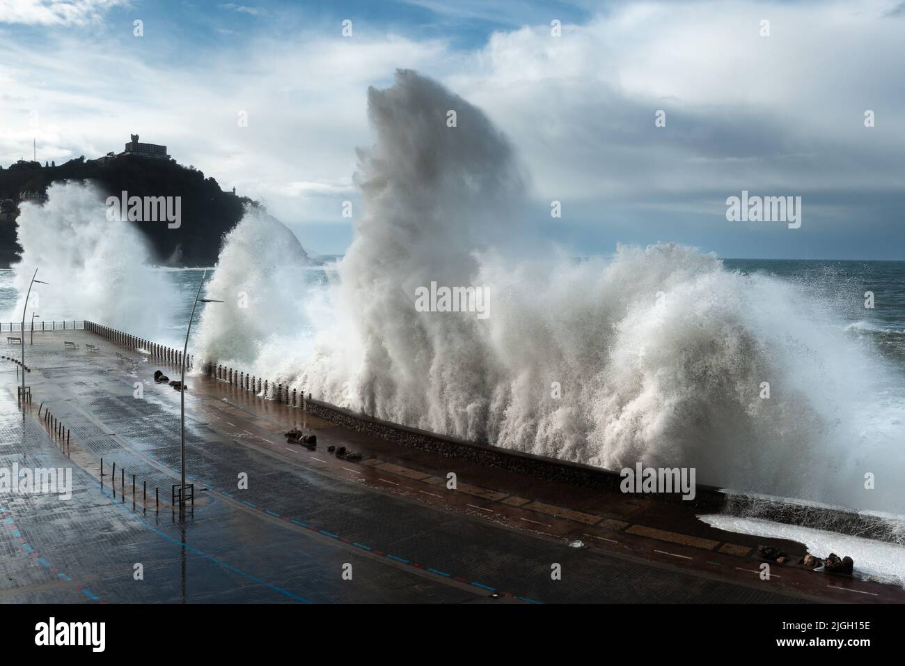 Waves breaking on New Promenade of Donostia-San Sebastian, Spain Stock Photo