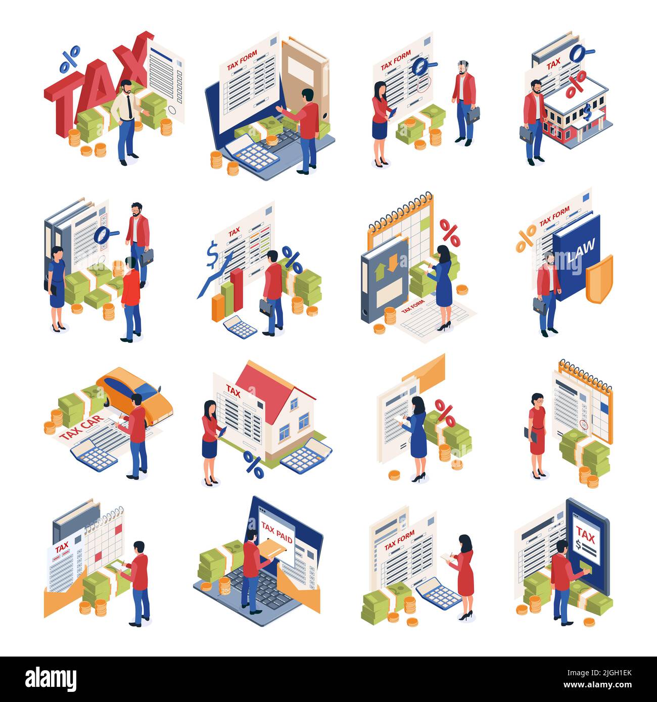 Tax accounting isometric icons set of man and woman little characters