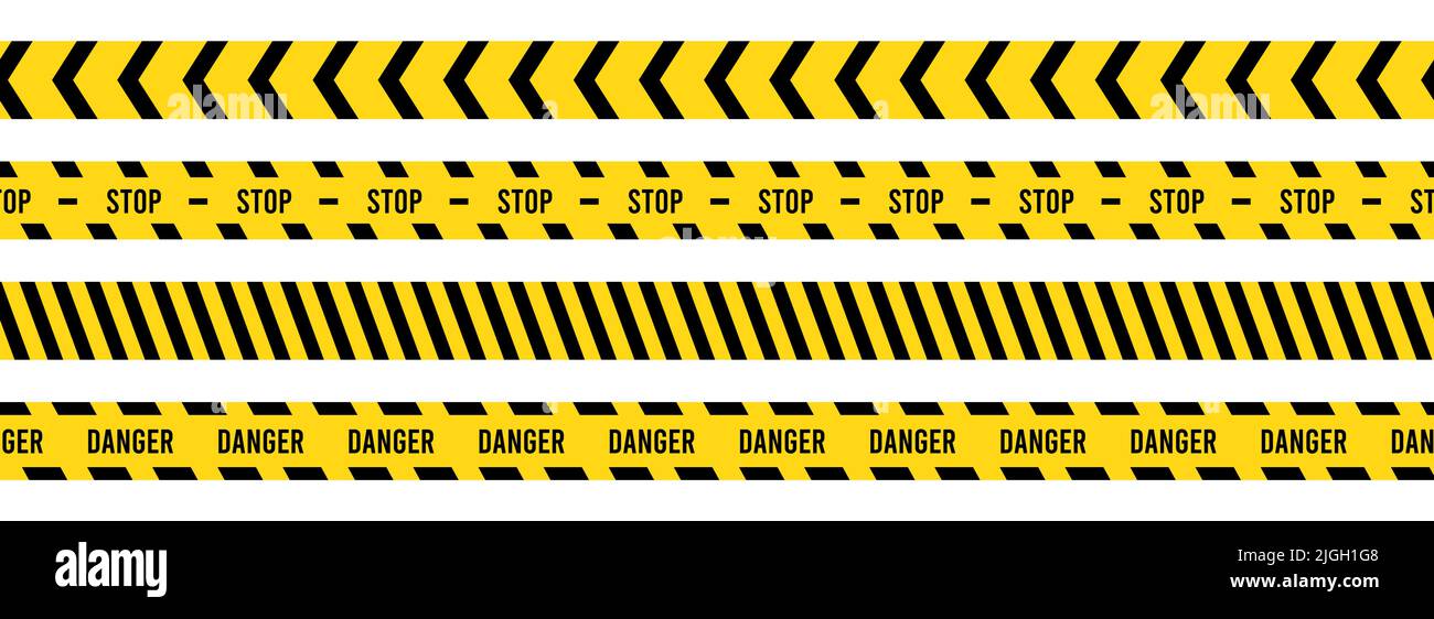 Caution, safety tape. Yellow, black stripe danger tape for atterntion, hazard ribbon. Police, construction area sign banner, barrier symbol. Vector illustration. Stock Vector