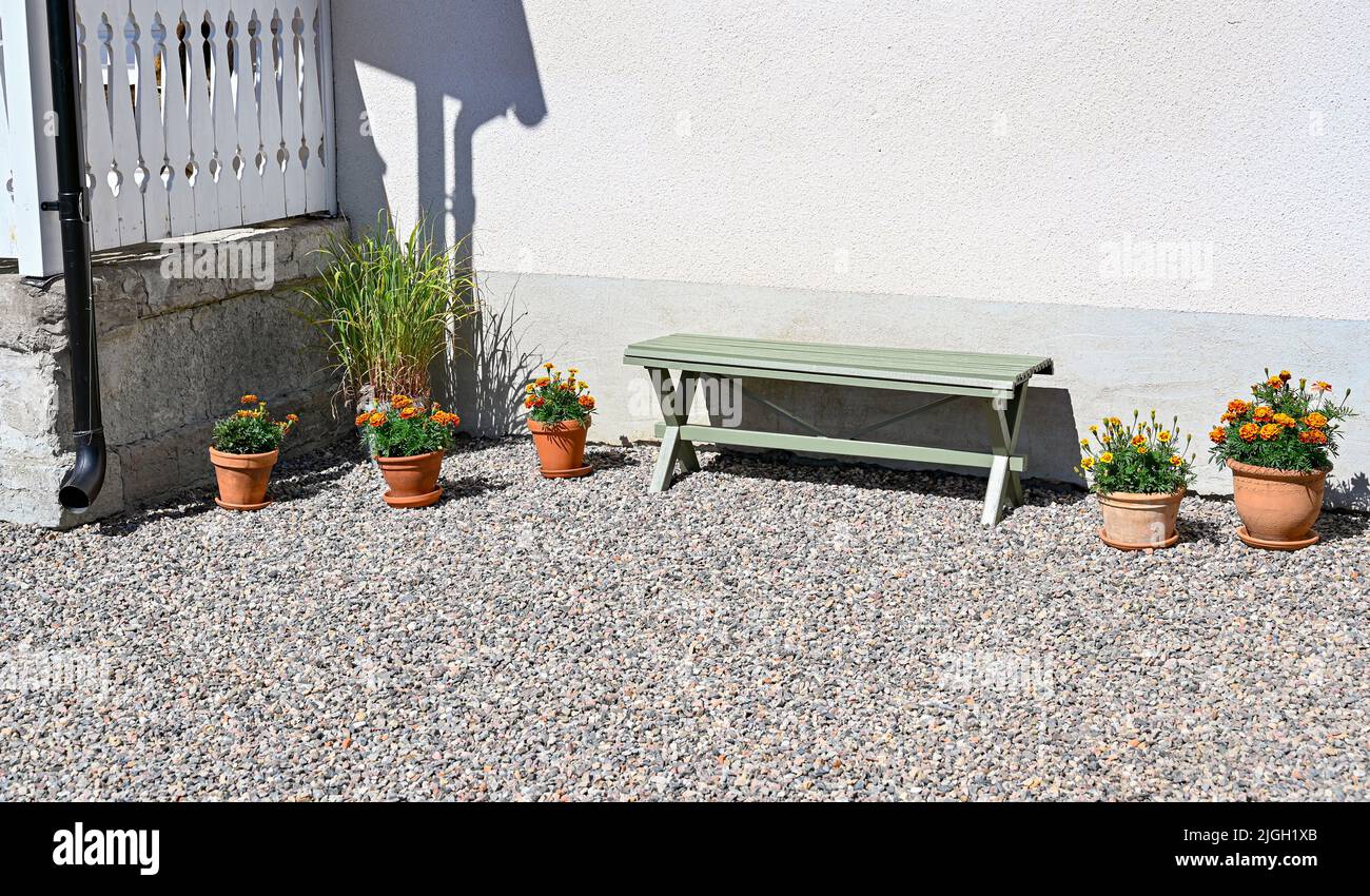 old green bench and flowers in pots Stock Photo