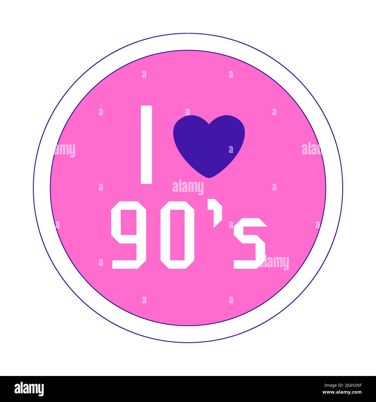 Y2k sticker. Circle patch with a heart and the words I love 90s. Round text graphic element on a pink background. Nostalgia for the 2000s. Simple vect Stock Vector