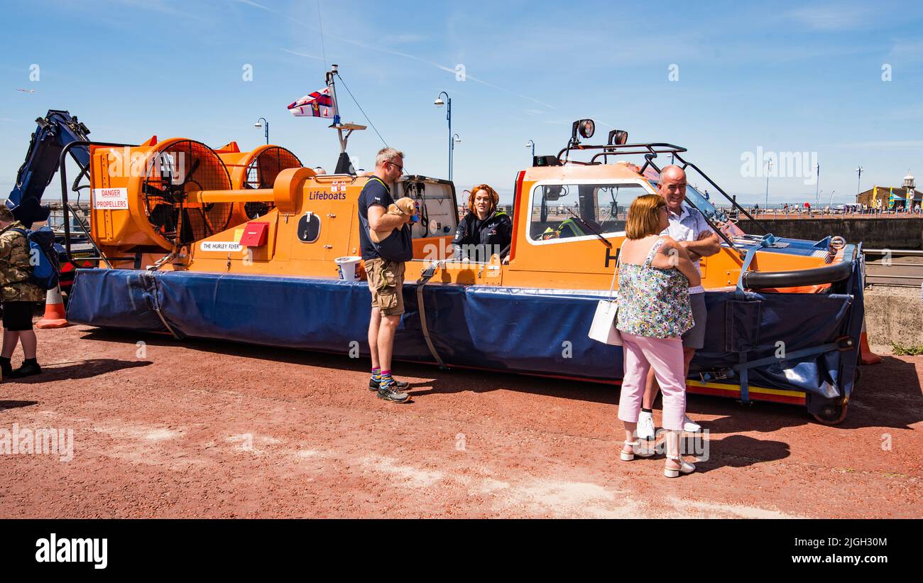 RNLI Morecambe (Morecambe Lifeboat) is dedicated to saving lives in Morecambe Bay. This is 'The Hurley Flyer' hovercraft recue boat. Stock Photo