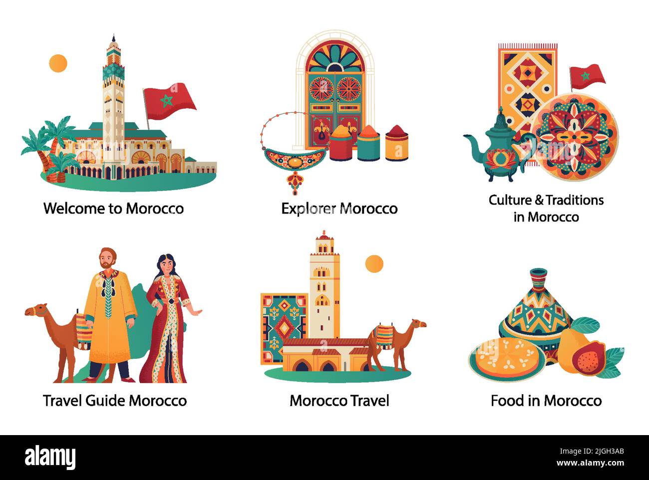 Morocco travel flat compositions set with people wearing national costumes traditional cuisine objects landmark isolated vector illustration Stock Vector