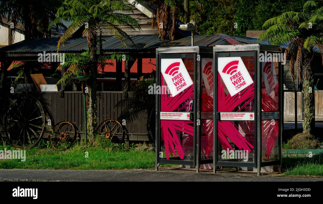 Franz Josef, Westland, south island, Aotearoa / New Zealand - February 5, 2022: Two New Zealand public phone booths or call boxes Stock Photo